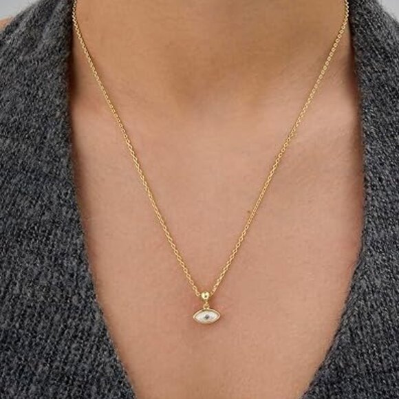 Neiman Marcus 14k Gold Plated Evil Eye Mother of Pearl Necklace - Picture 1 of 4